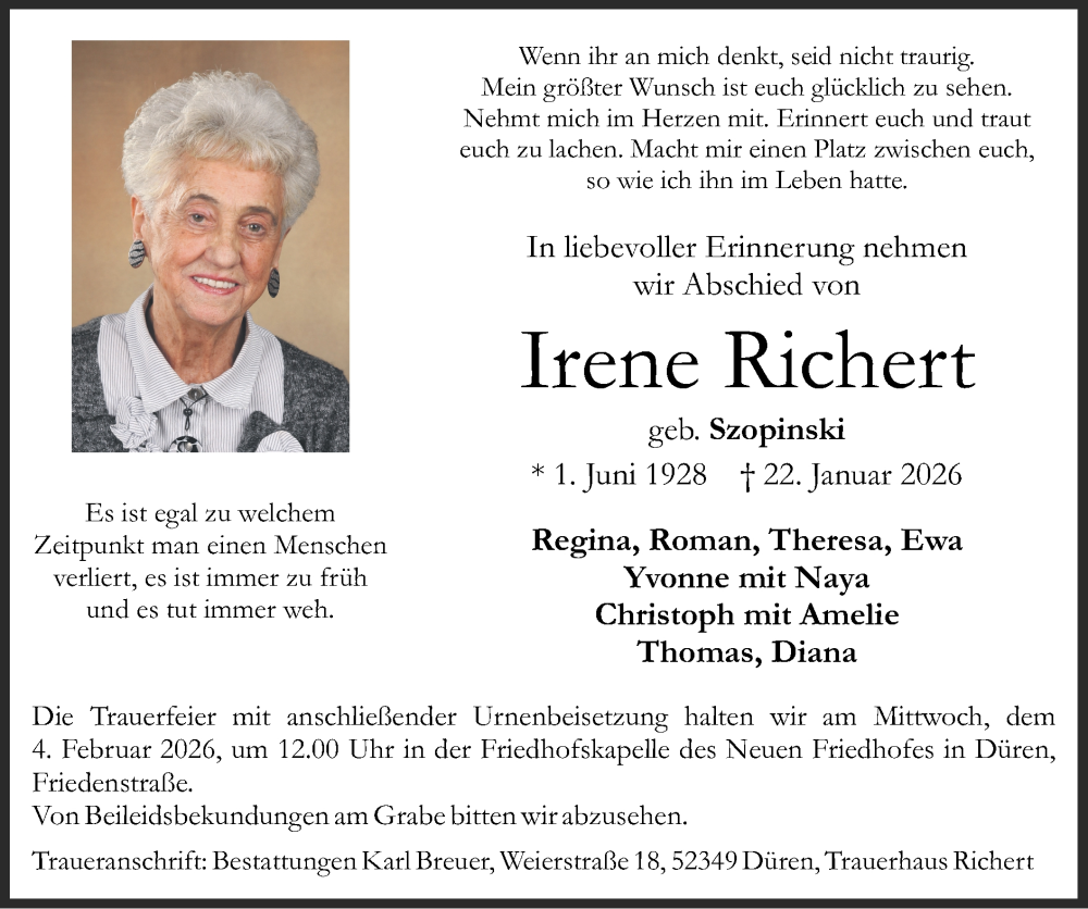  Traueranzeige für Irene Richert vom 01.02.2026 aus Zeitung am Sonntag
