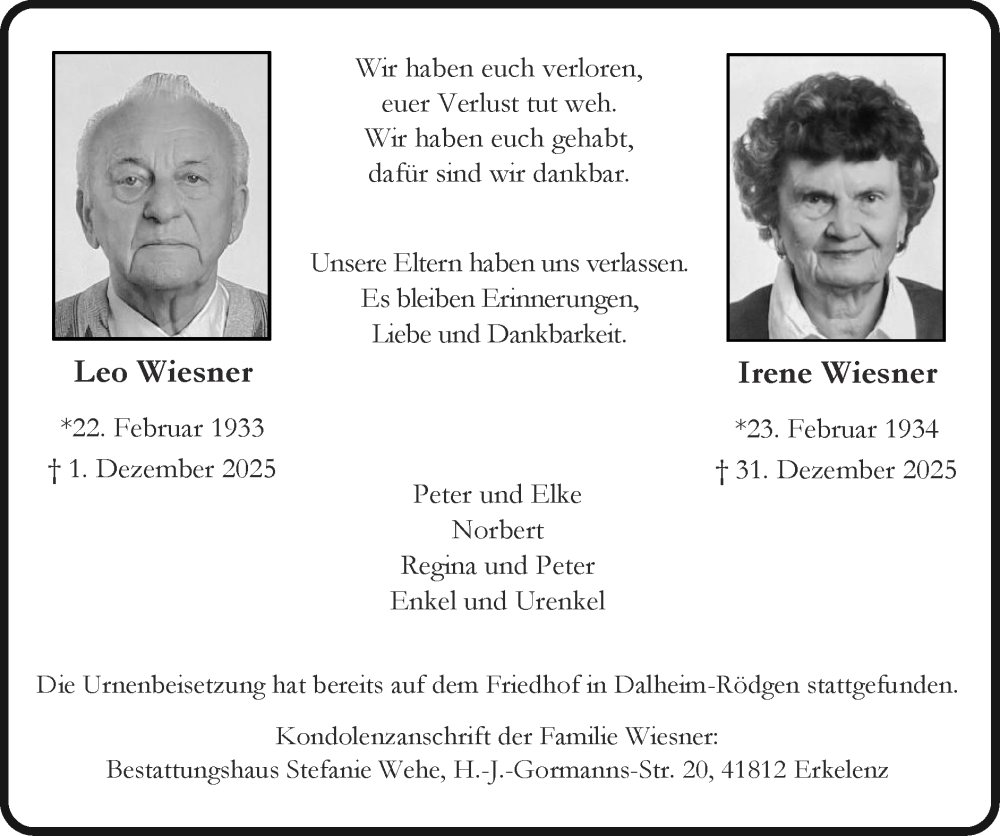  Traueranzeige für Irene Wiesner vom 11.01.2026 aus Zeitung am Sonntag