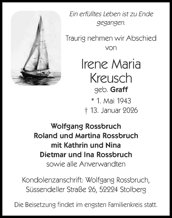 Traueranzeige von Irene Maria Kreusch von Zeitung am Sonntag