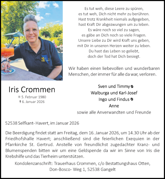 Traueranzeige von Iris Crommen von Zeitung am Sonntag