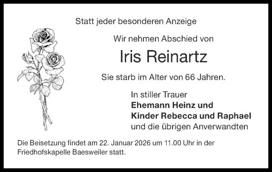 Traueranzeige von Iris Reinartz von Zeitung am Sonntag