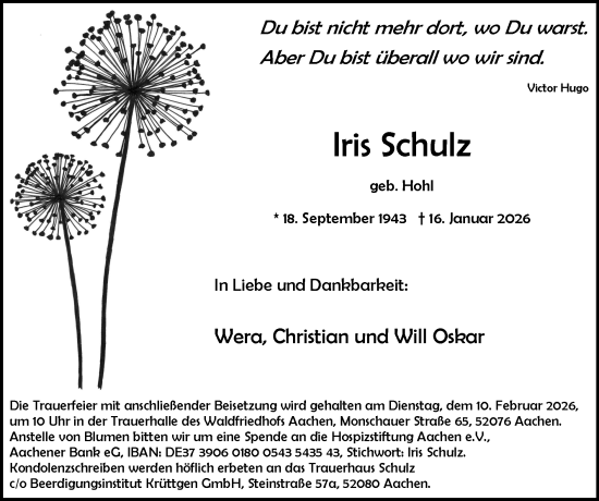 Traueranzeige von Iris Schulz von Zeitung am Sonntag