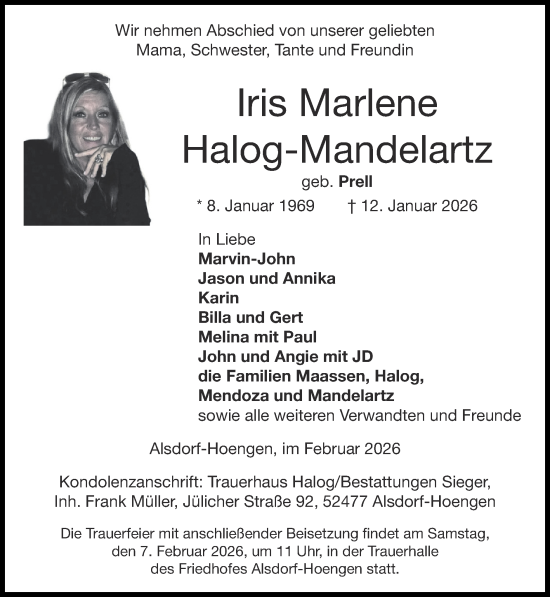 Traueranzeige von Iris Marlene Halog-Mandelartz von Zeitung am Sonntag