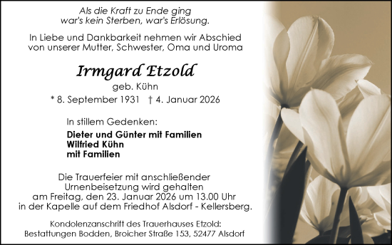 Traueranzeige von Irmgard Etzold von Zeitung am Sonntag