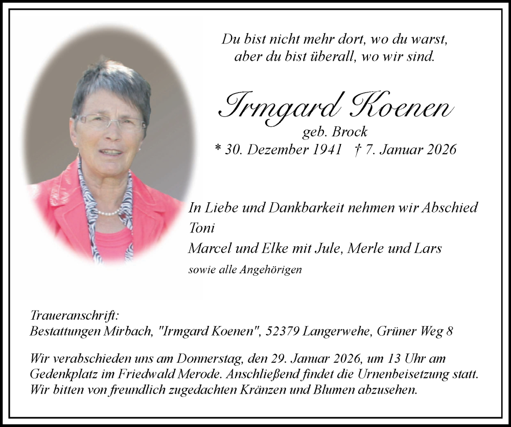  Traueranzeige für Irmgard Koenen vom 18.01.2026 aus Zeitung am Sonntag
