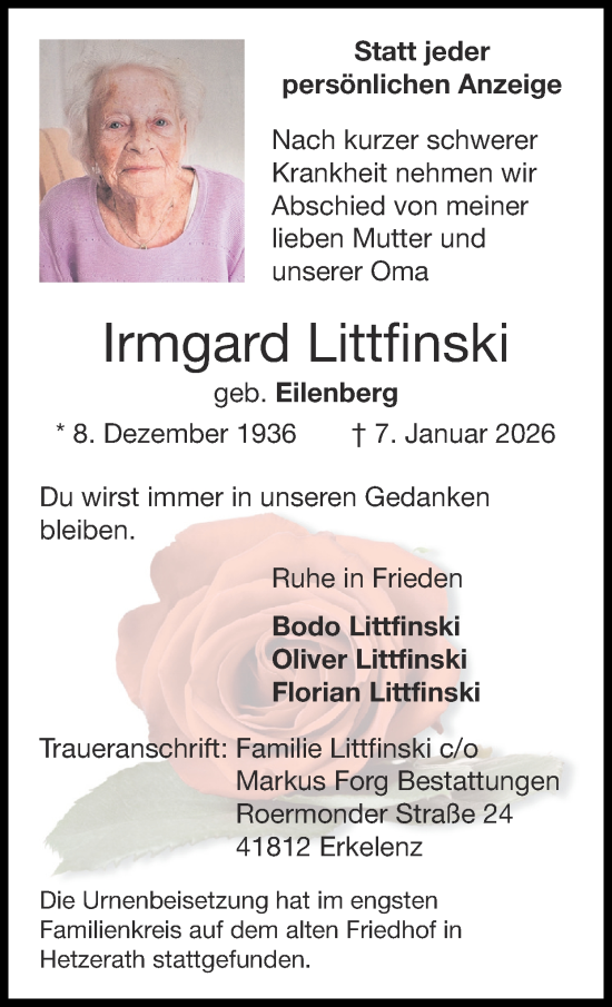 Traueranzeige von Irmgard Littfinski von Zeitung am Sonntag
