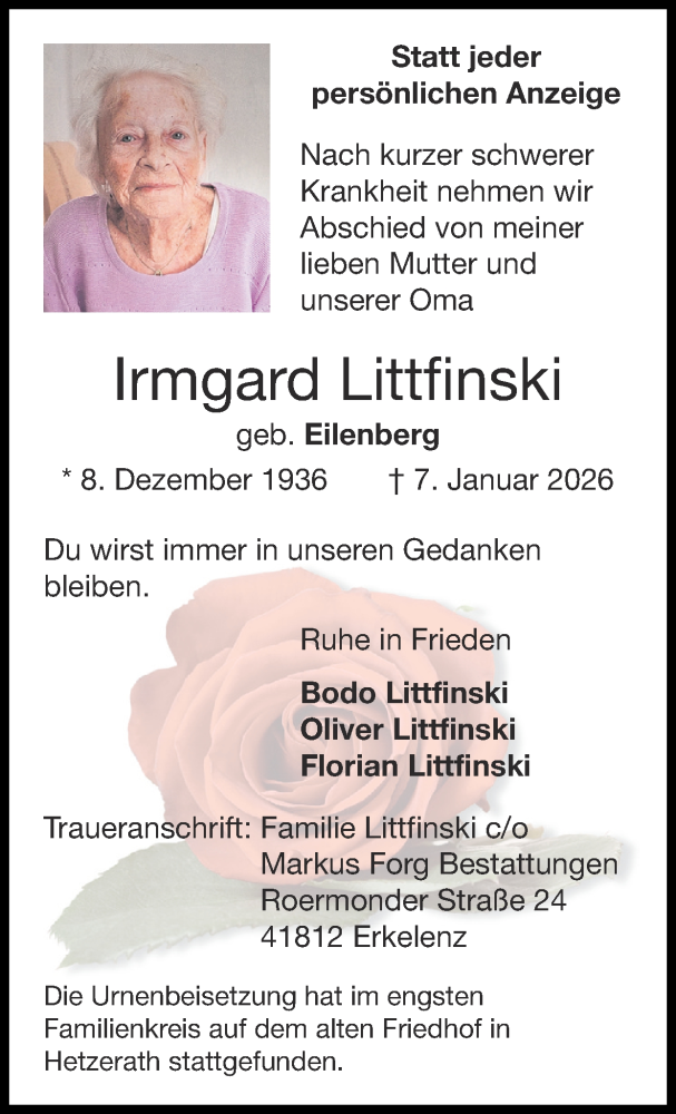 Traueranzeige für Irmgard Littfinski vom 01.02.2026 aus Zeitung am Sonntag
