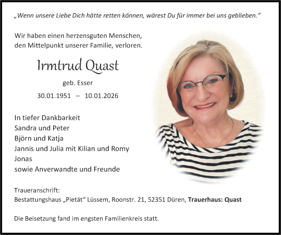 Traueranzeige von Irmtrud Quast von Zeitung am Sonntag