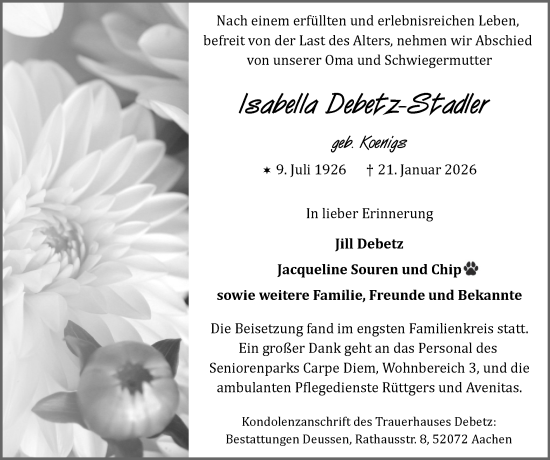 Traueranzeige von Isabella Debetz-Stadler von Zeitung am Sonntag