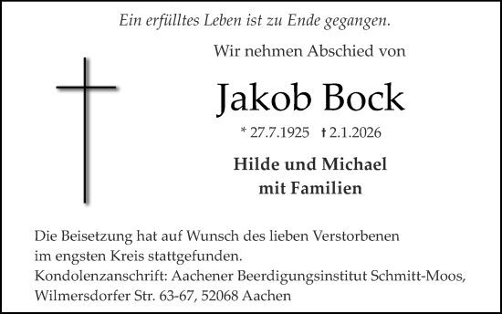 Traueranzeige von Jakob Bock von Zeitung am Sonntag