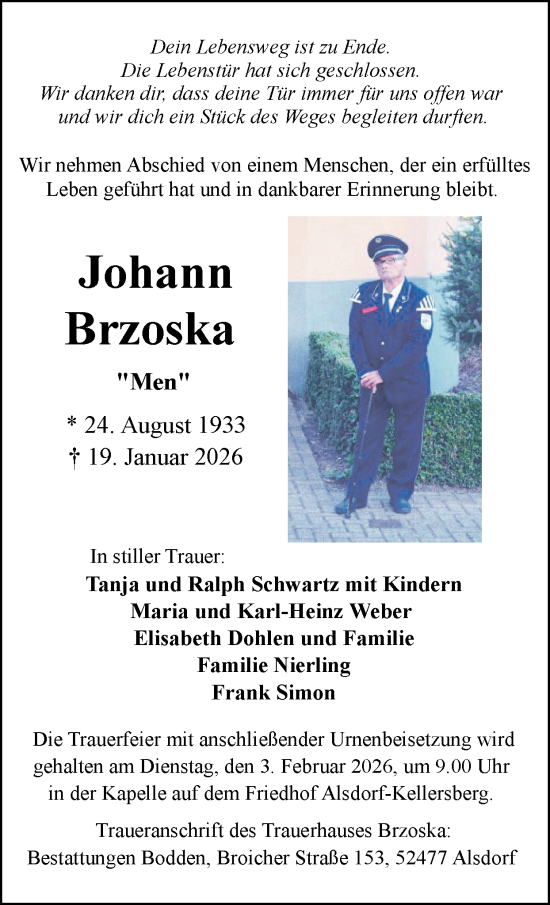 Traueranzeige von Johann Brzoska von Zeitung am Sonntag