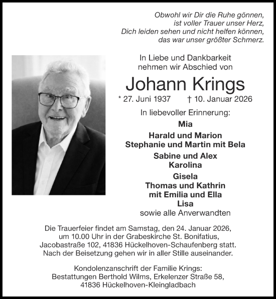 Traueranzeige von Johann Krings von Zeitung am Sonntag