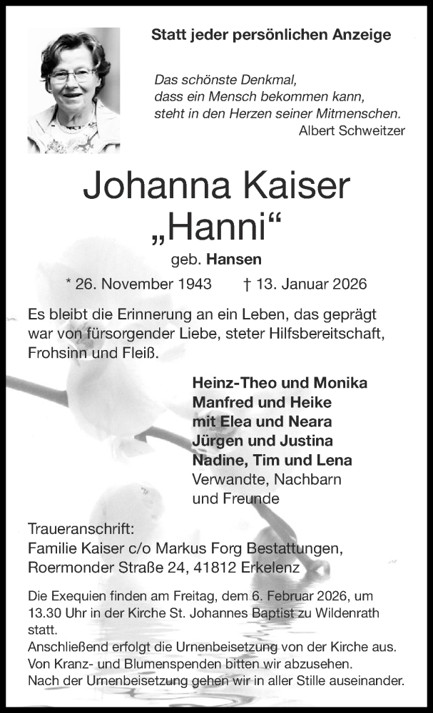  Traueranzeige für Johanna Kaiser vom 25.01.2026 aus Zeitung am Sonntag