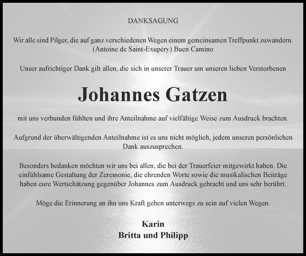  Traueranzeige für Johannes Gatzen vom 25.01.2026 aus Zeitung am Sonntag