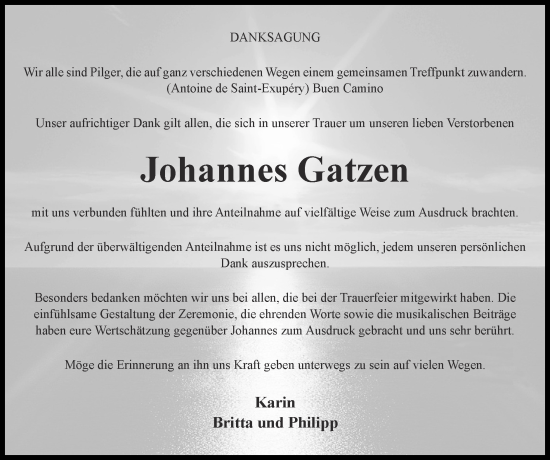 Traueranzeige von Johannes Gatzen von Zeitung am Sonntag