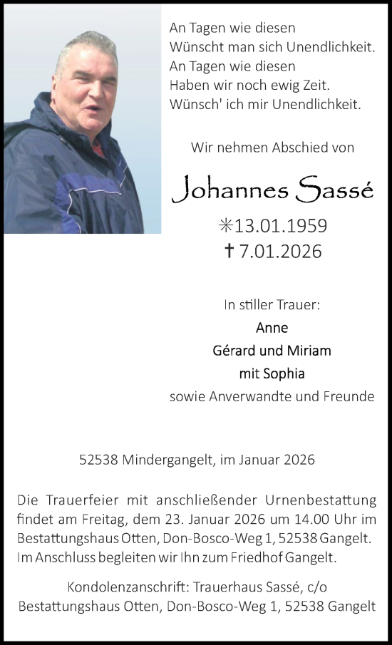 Traueranzeige von Johannes Sassé von Zeitung am Sonntag