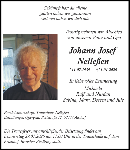 Traueranzeige von Johann Josef Nelleßen von Aachener Zeitung