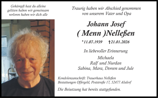 Traueranzeige von Johann Josef Nelleßen von Zeitung am Sonntag
