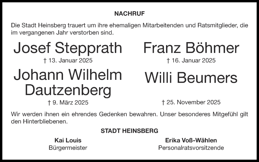  Traueranzeige für Johann Wilhelm Dautzenberg vom 25.01.2026 aus Zeitung am Sonntag