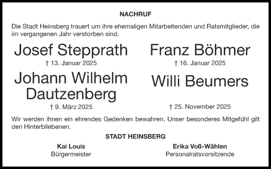 Traueranzeige von Johann Wilhelm Dautzenberg von Zeitung am Sonntag