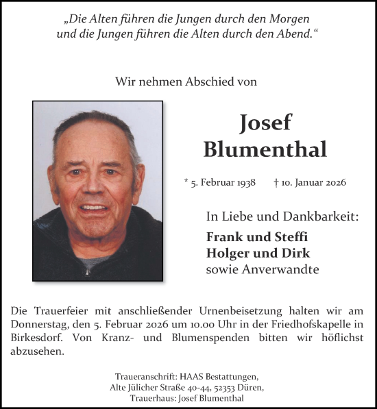 Traueranzeige von Josef Blumenthal von Zeitung am Sonntag