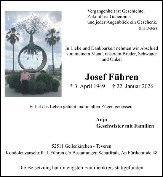 Traueranzeige von Josef Führen von Zeitung am Sonntag