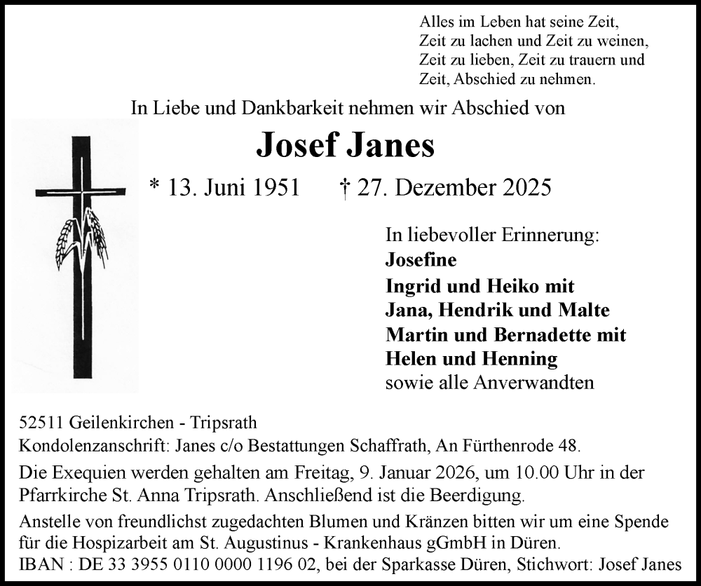  Traueranzeige für Josef Janes vom 04.01.2026 aus Zeitung am Sonntag