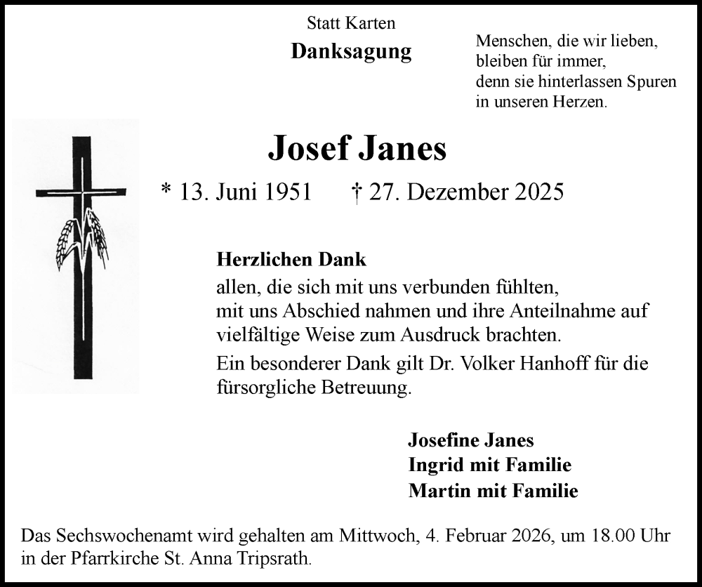  Traueranzeige für Josef Janes vom 01.02.2026 aus Zeitung am Sonntag