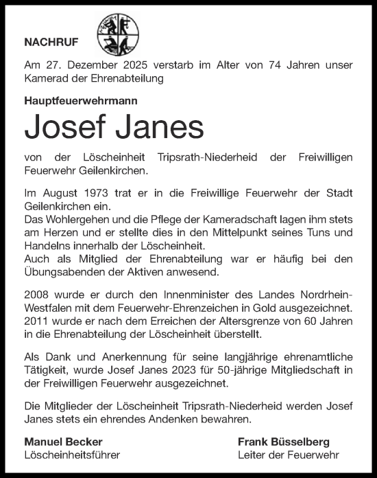 Traueranzeige von Josef Janes von Zeitung am Sonntag