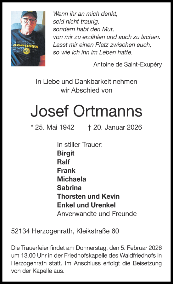 Traueranzeige von Josef Ortmanns von Zeitung am Sonntag