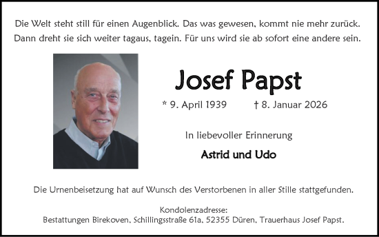 Traueranzeige von Josef Papst von Zeitung am Sonntag
