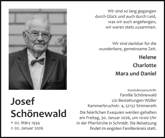 Traueranzeige von Josef Schönewald von Zeitung am Sonntag