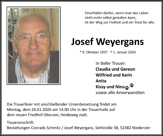 Traueranzeige von Josef Weyergans von Zeitung am Sonntag