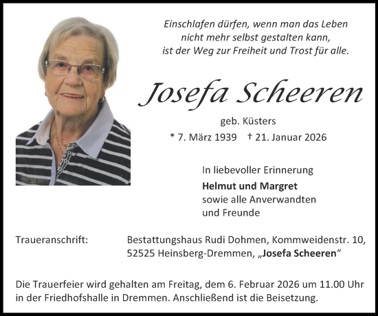 Traueranzeige von Josefa Scheeren von Zeitung am Sonntag
