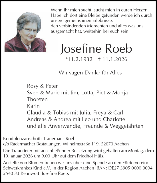 Traueranzeige von Josefine Roeb von Aachener Zeitung