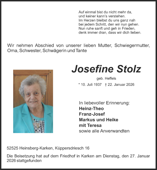 Traueranzeige von Josefine Stolz von Zeitung am Sonntag