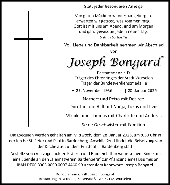 Traueranzeige von Joseph Bongard von Zeitung am Sonntag
