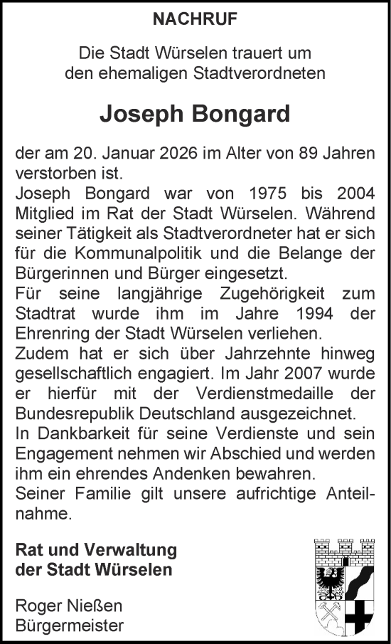 Traueranzeige von Joseph Bongard von Zeitung am Sonntag