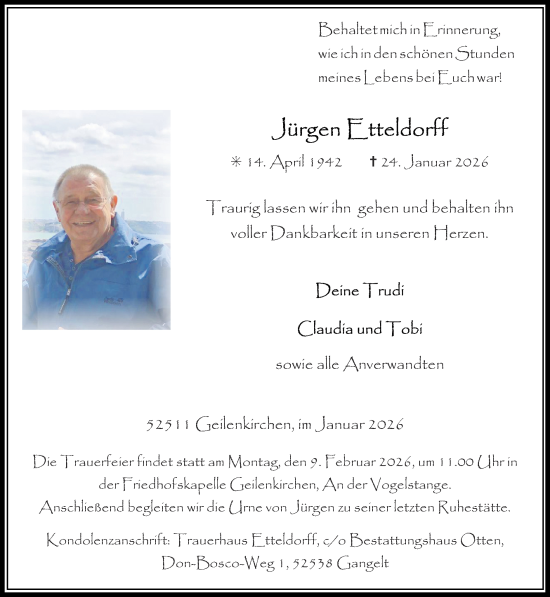 Traueranzeige von Jürgen Etteldorff von Zeitung am Sonntag