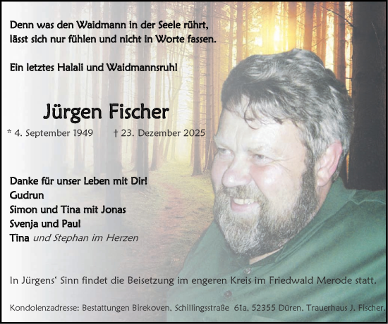 Traueranzeige von Jürgen Fischer von Zeitung am Sonntag