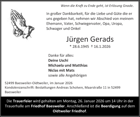 Traueranzeige von Jürgen Gerads von Zeitung am Sonntag
