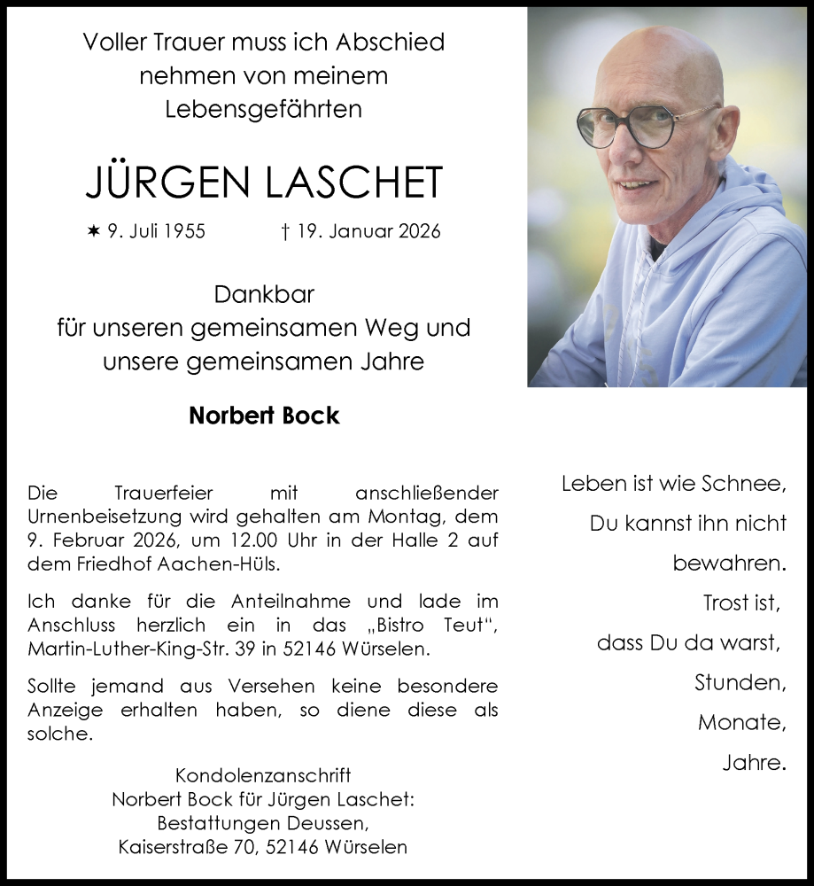  Traueranzeige für Jürgen Laschet vom 01.02.2026 aus Zeitung am Sonntag