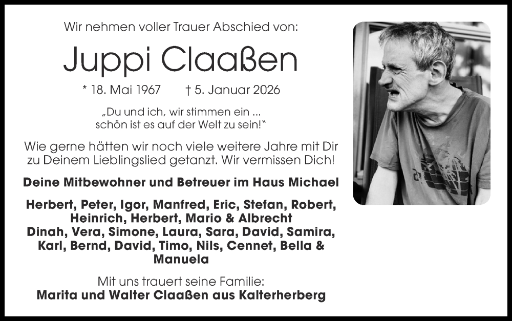  Traueranzeige für Juppi Claaßen vom 11.01.2026 aus Zeitung am Sonntag