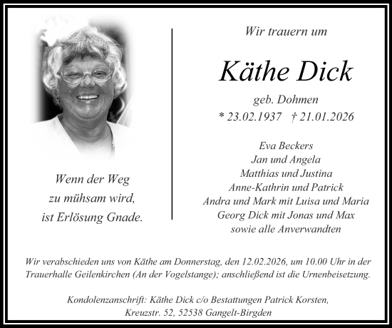 Traueranzeige von Käthe Dick von Zeitung am Sonntag