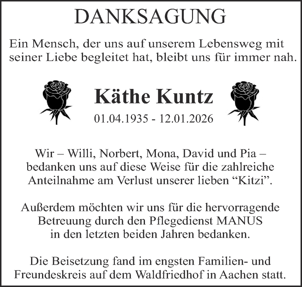  Traueranzeige für Käthe Kuntz vom 01.02.2026 aus Zeitung am Sonntag