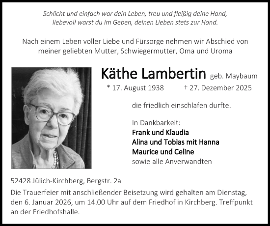 Traueranzeige von Käthe Lambertin von Zeitung am Sonntag