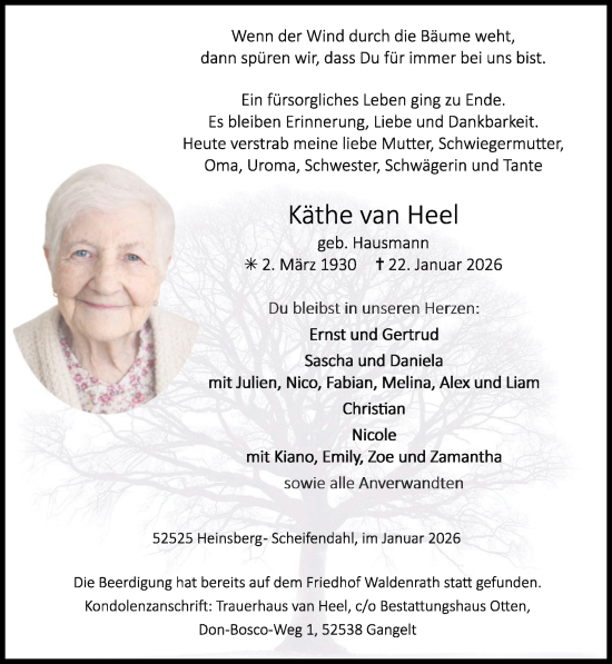 Traueranzeige von Käthe van Heel von Zeitung am Sonntag
