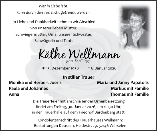 Traueranzeige von Käthe Wellmann von Zeitung am Sonntag