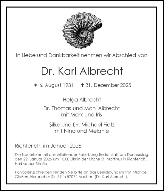 Traueranzeige von Karl Albrecht von Aachener Zeitung