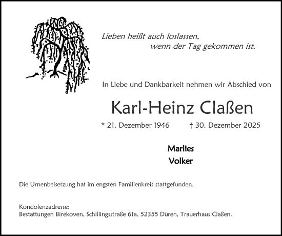 Traueranzeige von Karl-Heinz Claßen von Zeitung am Sonntag